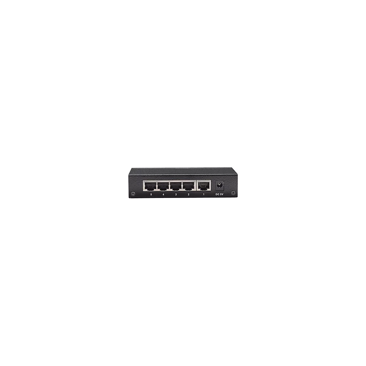 Schwarzer Netzwerk-Switch mit fünf LAN-Ports und einem Stromanschluss.