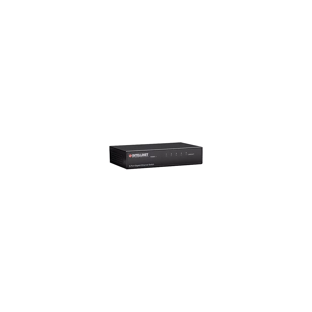 Schwarzer 5-Port Gigabit Ethernet Switch von Intellinet mit LED-Anzeigen vor weißem Hintergrund.