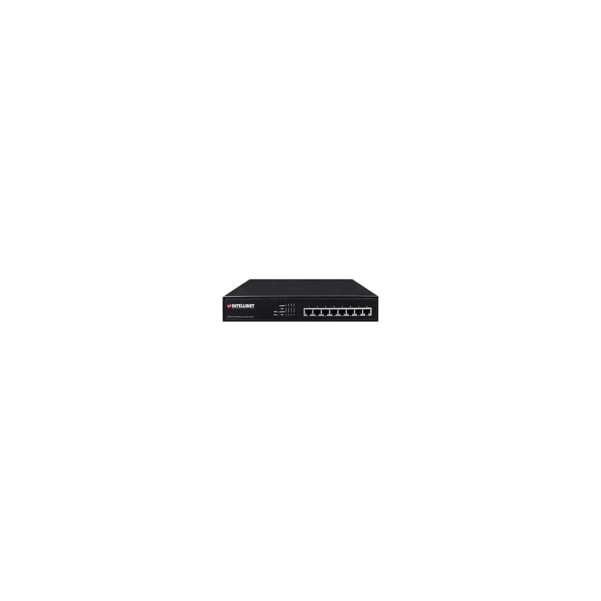 Schwarzer Intellinet 8-Port PoE Desktop Gigabit Switch in der Frontansicht.
