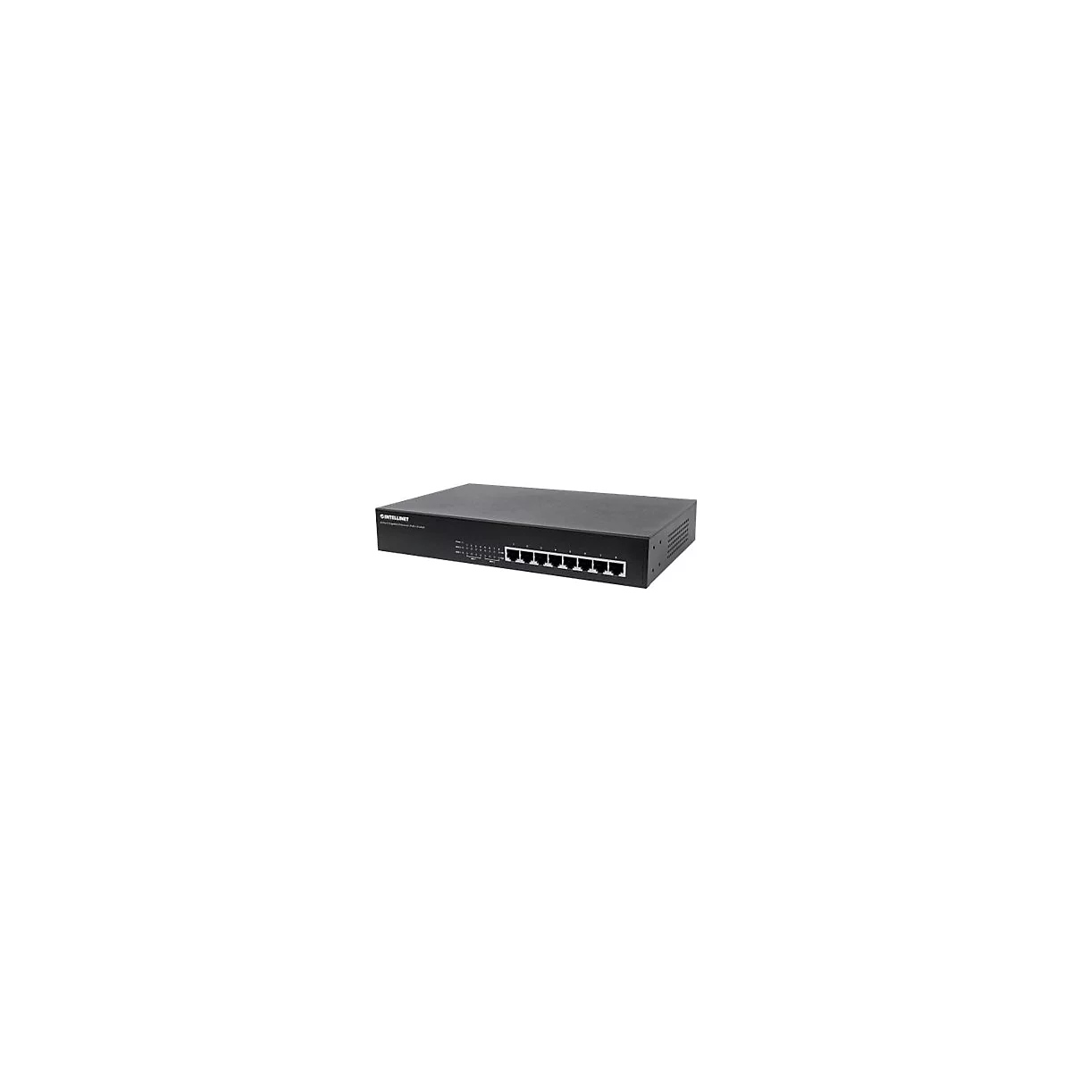 Schwarzer 8-Port Gigabit Ethernet PoE-Switch von Intellinet vor weißem Hintergrund.