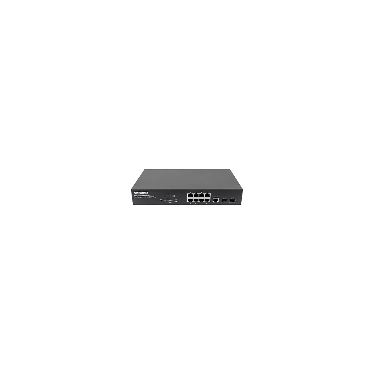 Schwarzer 8-Port Intellinet Gigabit PoE+ Web-Managed Switch mit 2 SFP-Ports vor weißem Hintergrund.
