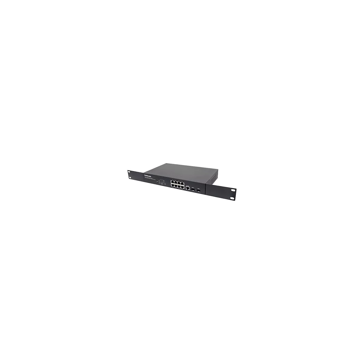 Schwarzer Intellinet Netzwerk-Switch mit acht Ports und Rack-Montagewinkeln vor weißem Hintergrund.