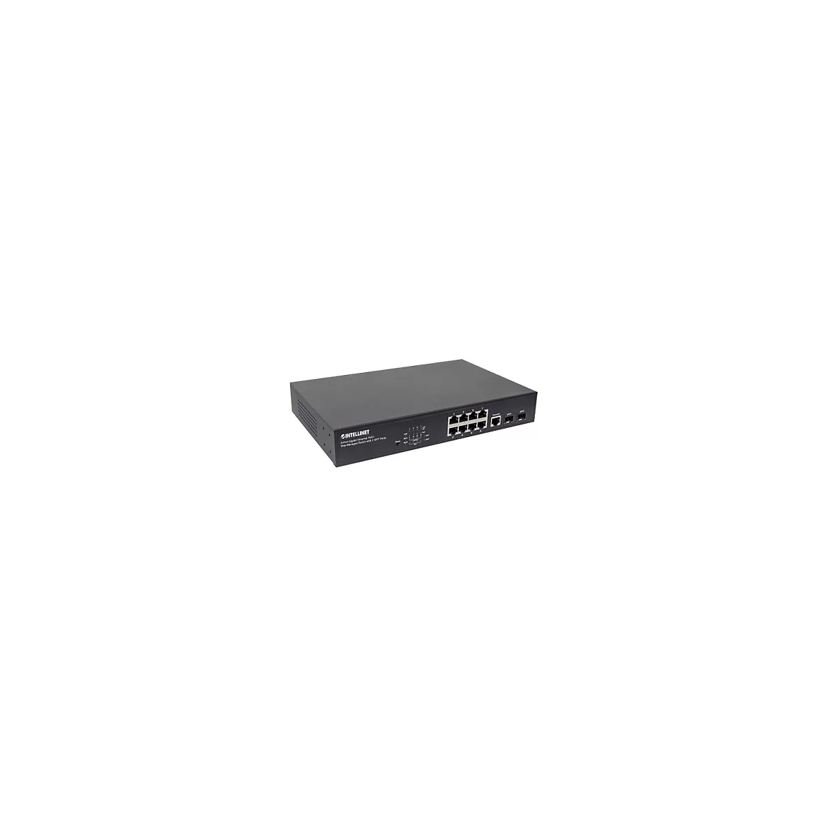 Schwarzer Intellinet 8-Port Gigabit Ethernet PoE+ Web-Managed Switch mit 2 SFP-Ports vor weißem Hintergrund.