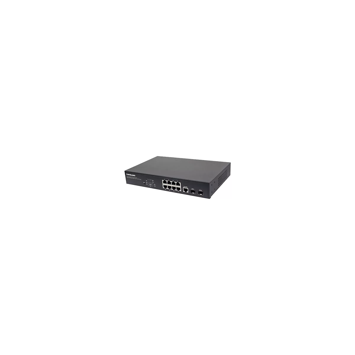 Schwarzer Intellinet Netzwerk-Switch mit acht Ethernet-Ports und zwei SFP-Anschlüssen vor weißem Hintergrund.