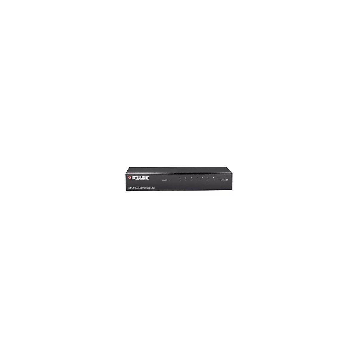 Schwarzer 8-Port Gigabit Ethernet Switch von Intellinet vor weißem Hintergrund.