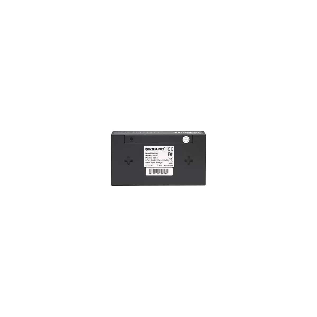 Rückseite eines schwarzen Intellinet 8-Port Gigabit Ethernet Switches mit Typenschild und Montageöffnungen.