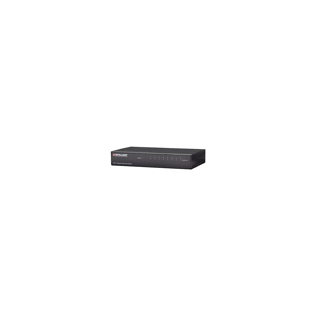 Schwarzer 8-Port Gigabit Ethernet Switch von Intellinet vor weißem Hintergrund.
