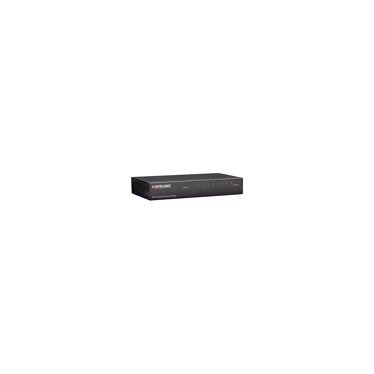Schwarzer 8-Port Gigabit Ethernet Switch von Intellinet vor weißem Hintergrund.