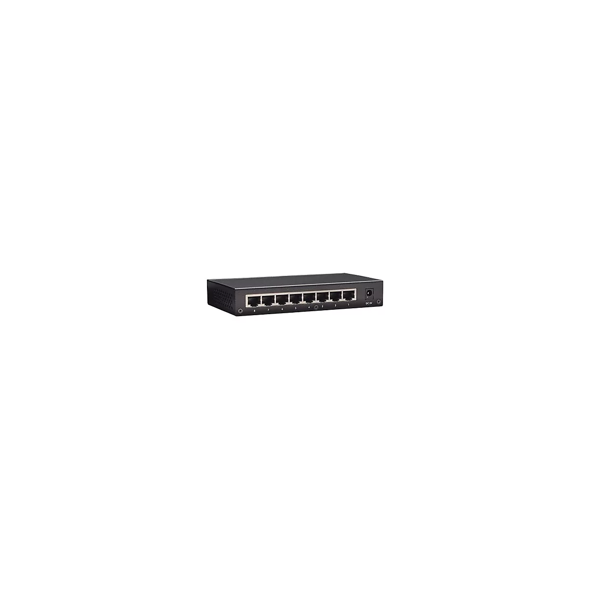 Schwarzer 8-Port Netzwerk-Switch mit numerierten Anschlüssen auf weißem Hintergrund.