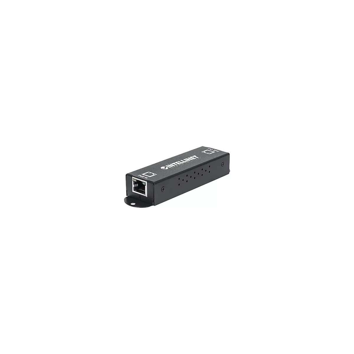 Schwarzer Intellinet PoE-Injektor mit RJ45-Anschlüssen auf weißem Hintergrund.