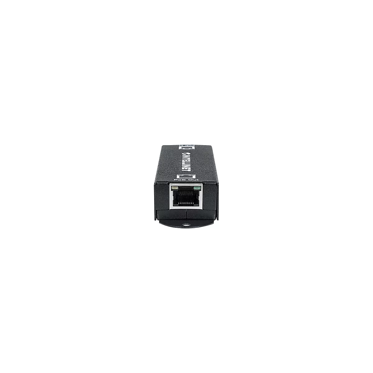 Schwarzer Intellinet PoE Injektor mit RJ45-Port vor weißem Hintergrund.