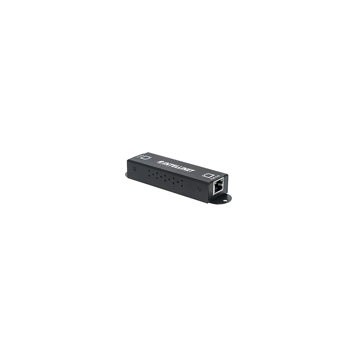 Schwarzer Intellinet PoE-Extender in Metallgehäuse mit Ethernet-Anschlüssen vor weißem Hintergrund.
