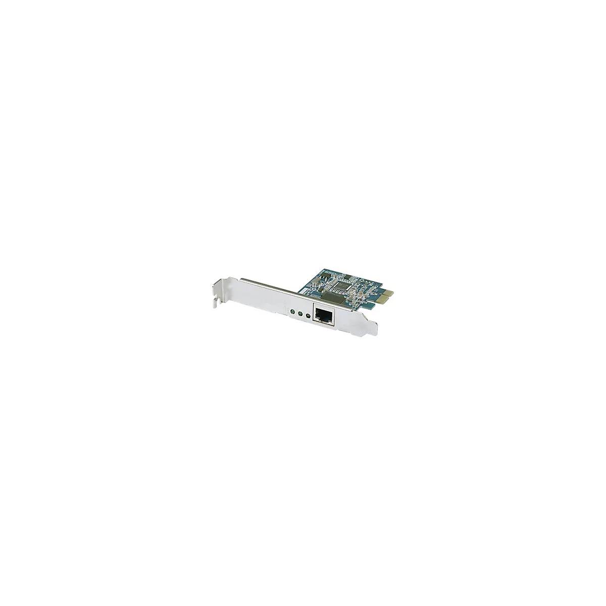 Netzwerkkarte mit RJ45-Anschluss und drei Status-LEDs auf silberner Metallblende vor weißem Hintergrund.