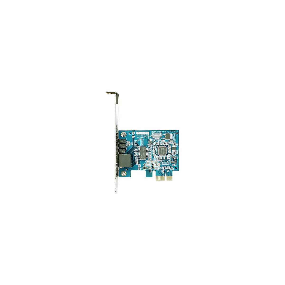 Blaue Netzwerk-Steckkarte mit Metallblende auf weißem Hintergrund.
