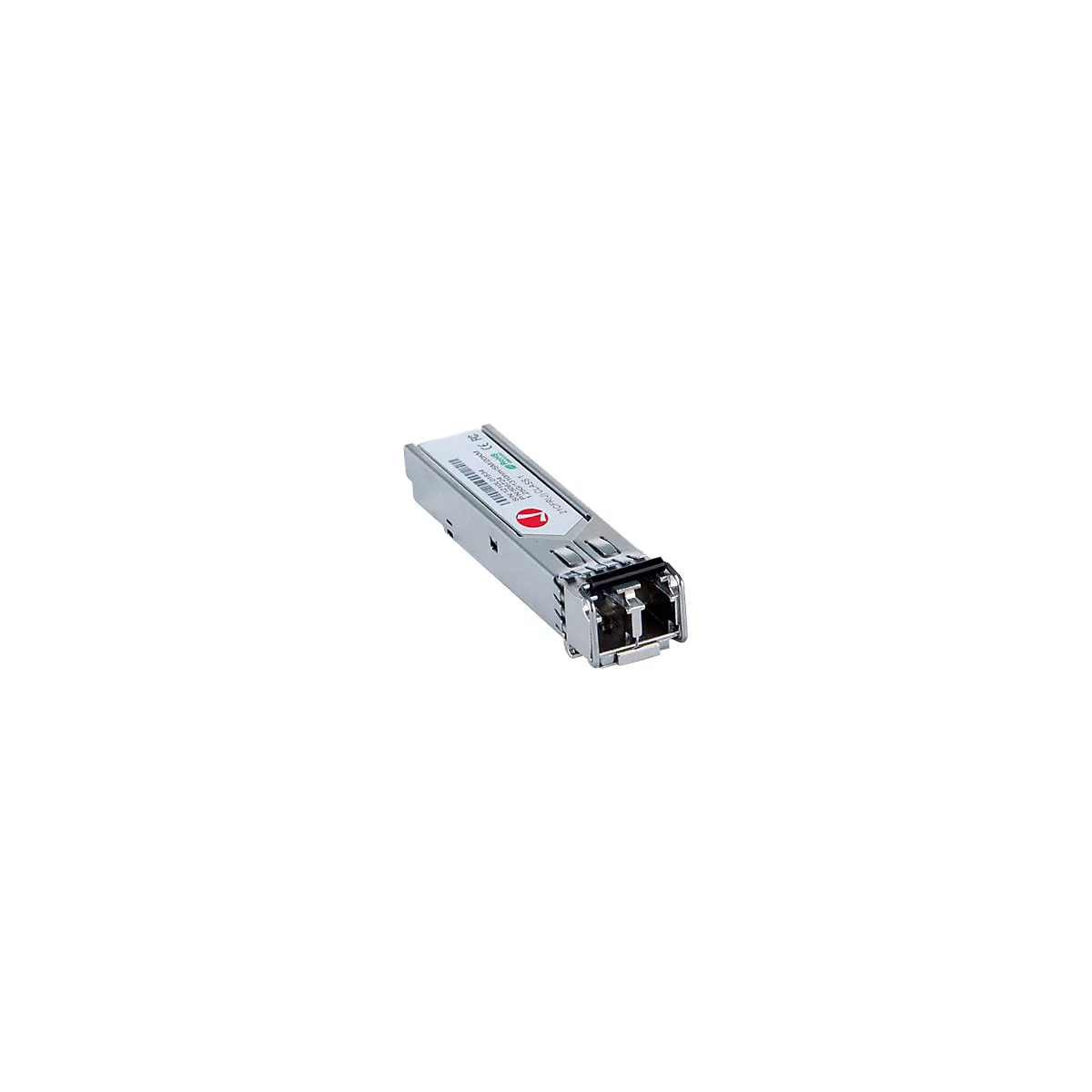 Ein silbernes SFP-Glasfaser-Transceiver-Modul mit weißem Etikett auf weißem Hintergrund.