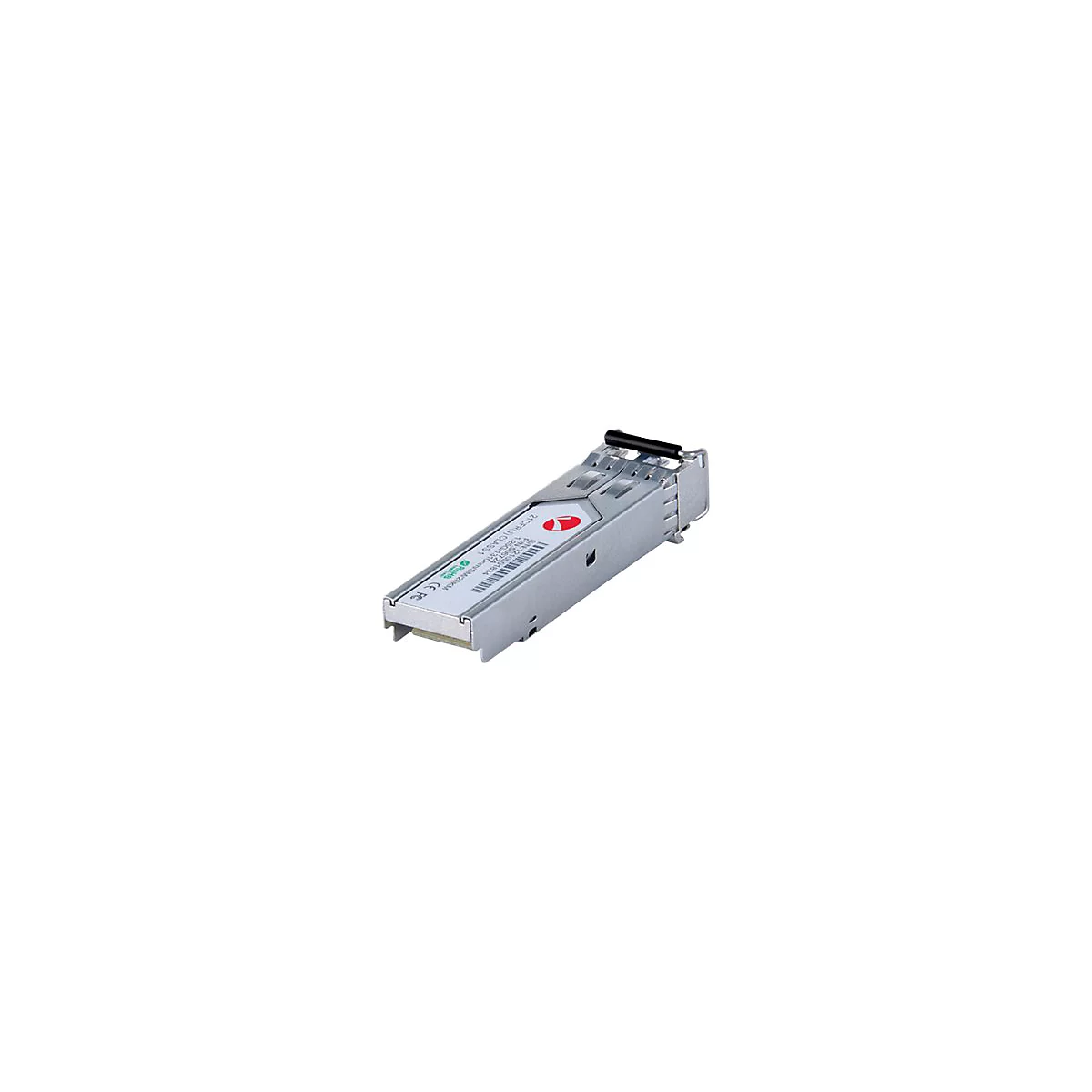 Silberner SFP-Transceiver-Modul mit einem Etikett, Barcode und rotem Logo auf weißem Hintergrund.