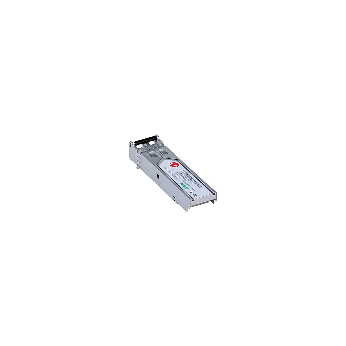 Ein silbernes SFP-Modul mit weißem Etikett und schwarzem Entriegelungshebel.
