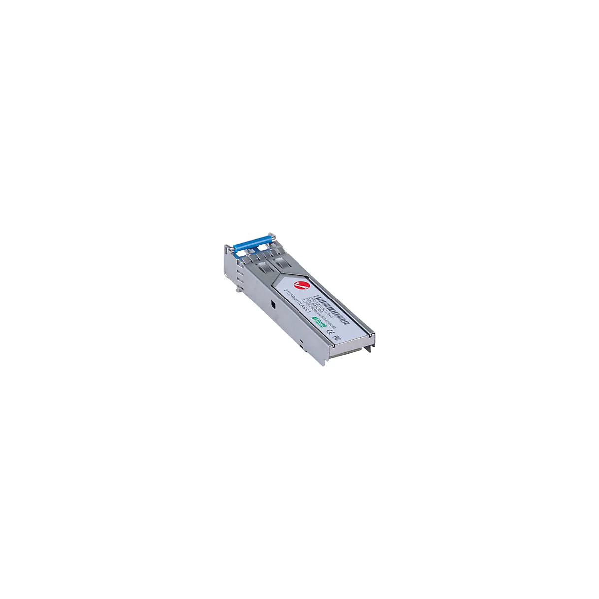 Ein silbernes SFP-Glasfaser-Transceiver-Modul mit blauem Entriegelungshebel vor weißem Hintergrund.