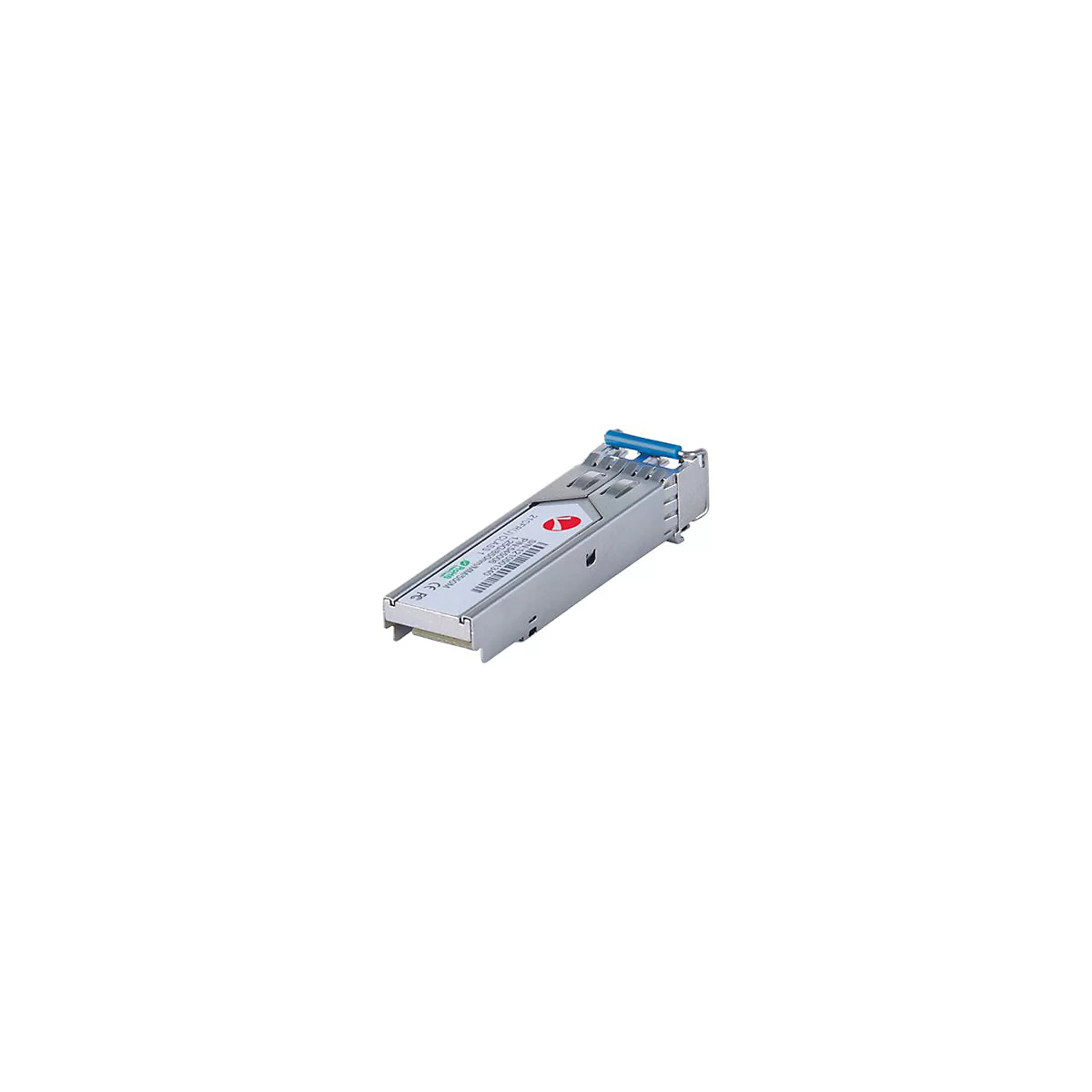 Ein silbernes SFP-Transceiver-Modul mit einem blauen Entriegelungshebel auf weißem Hintergrund.