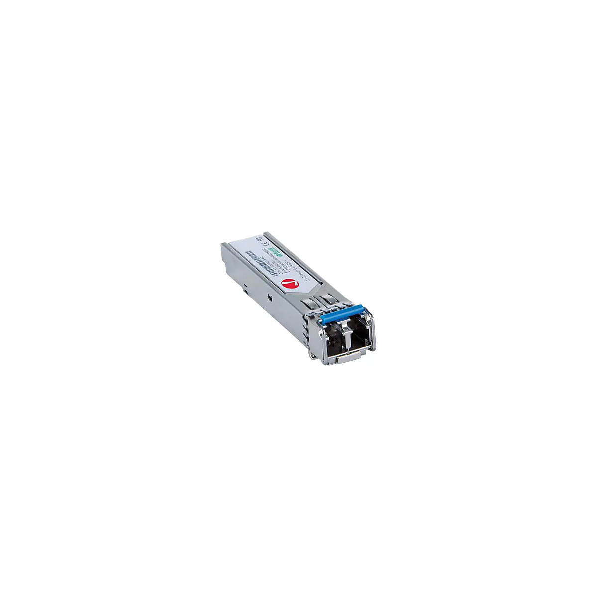 Silbernes SFP-Modul mit blauem Entriegelungshebel auf weißem Hintergrund.