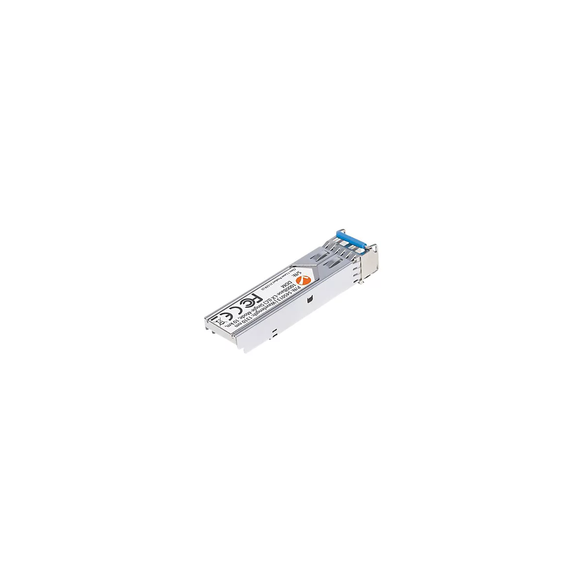 SFP-Glasfaser-Transceiver aus Metall mit blauem Entriegelungshebel und technischem Etikett auf weißem Grund.