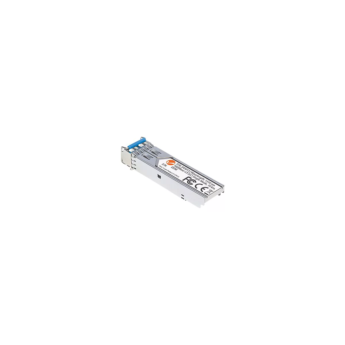 Silbernes SFP-Modul mit blauem Hebel und weißem Produktetikett vor weißem Hintergrund.