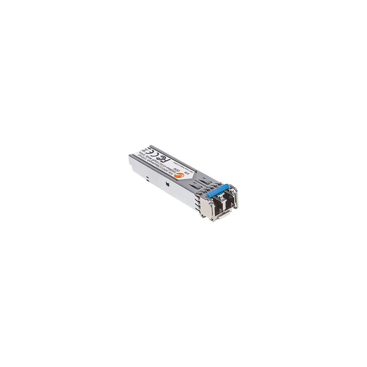 Ein metallisches SFP-Transceiver-Modul mit blauem Entriegelungshebel vor weißem Hintergrund.