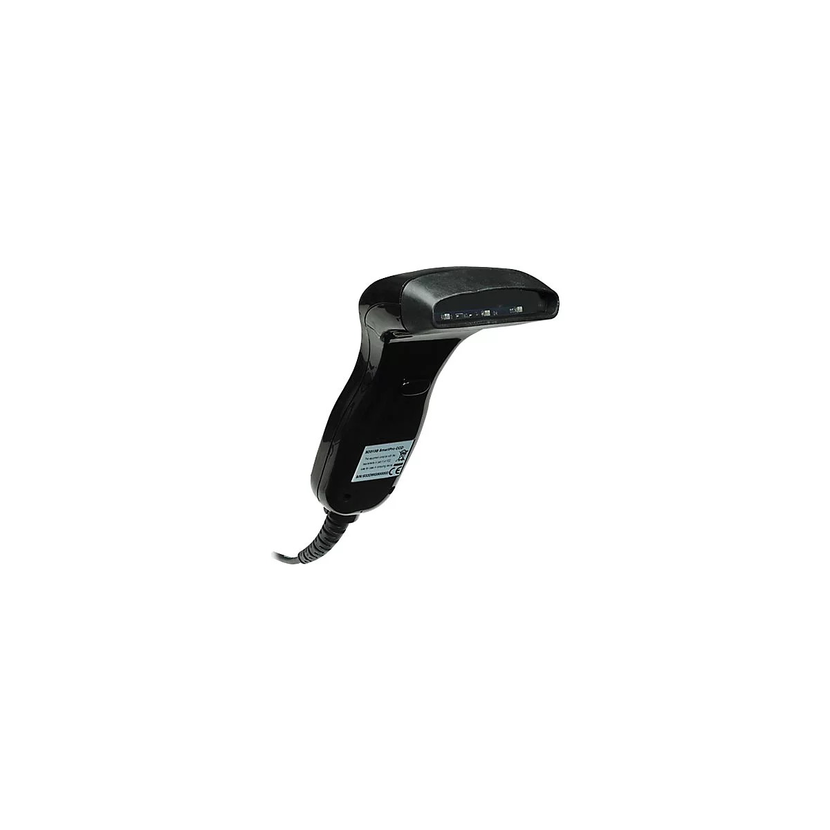 Schwarzer Barcode-Scanner mit Kabel, auf weißem Hintergrund.