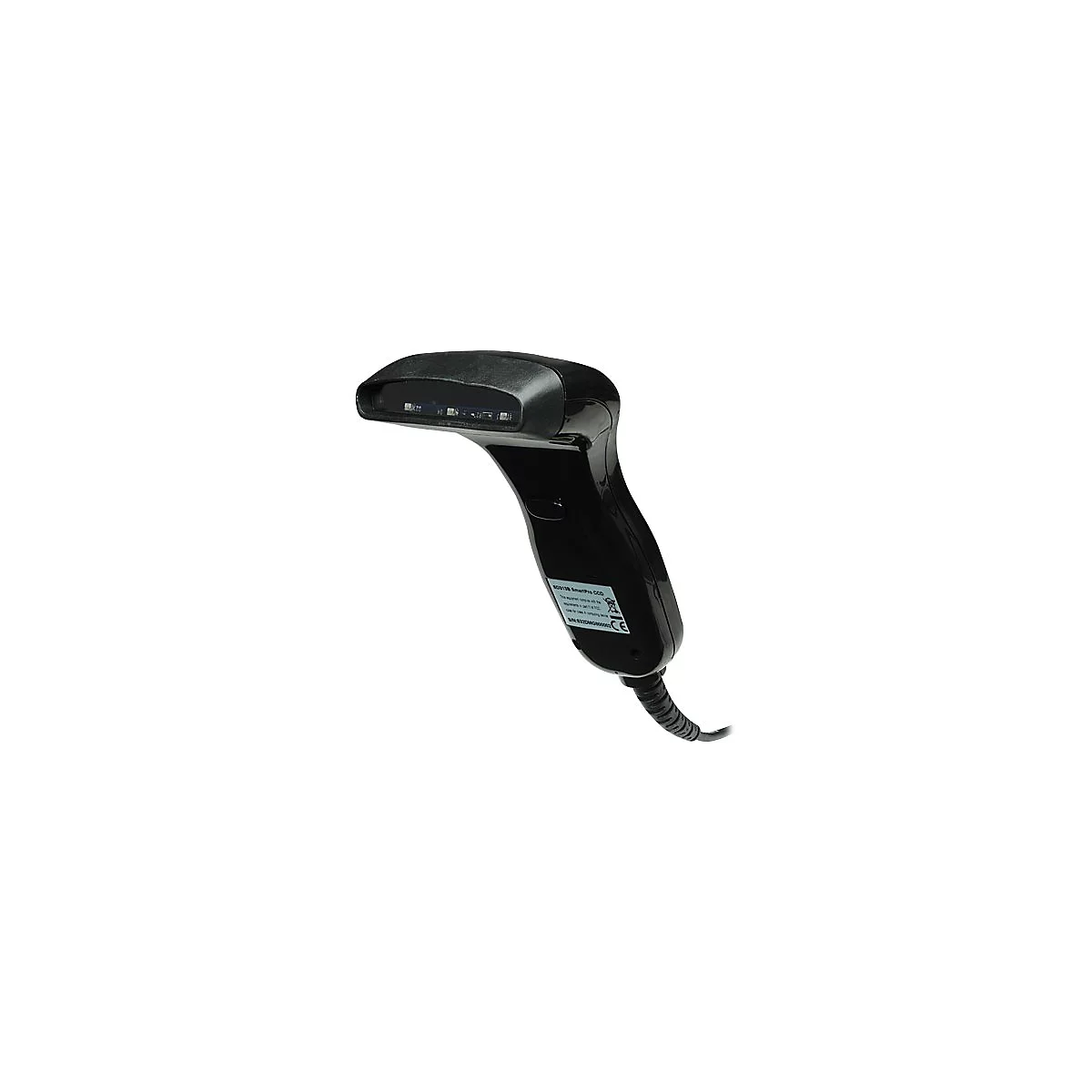 Schwarzer Barcode-Scanner mit Kabel, schräg von oben aufgenommen.