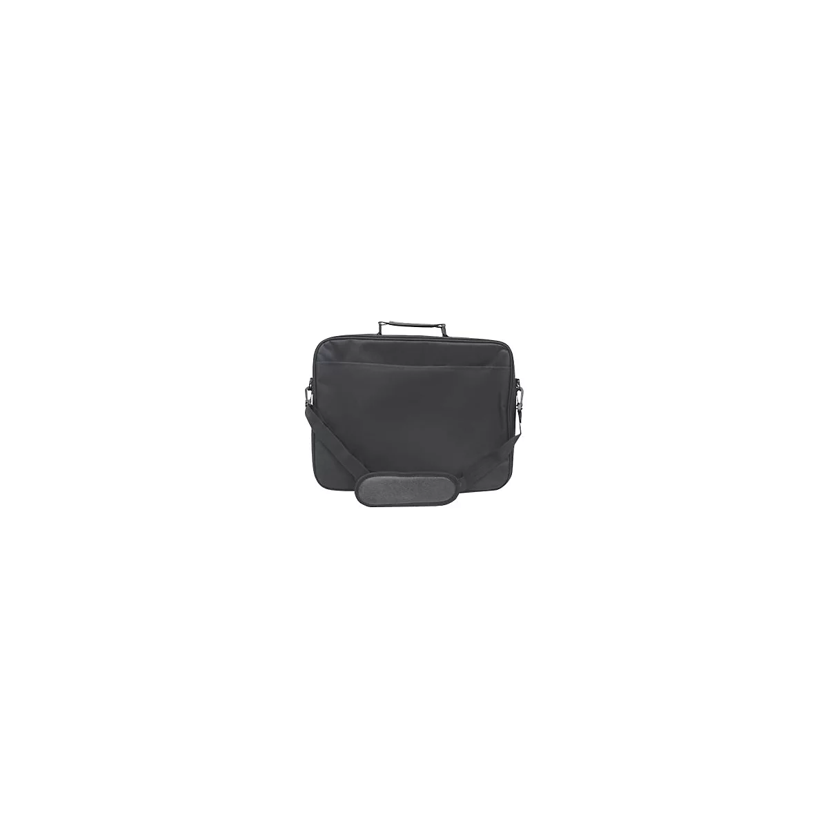 Schwarze Laptoptasche mit Tragegriff und verstellbarem Schultergurt vor weißem Hintergrund.