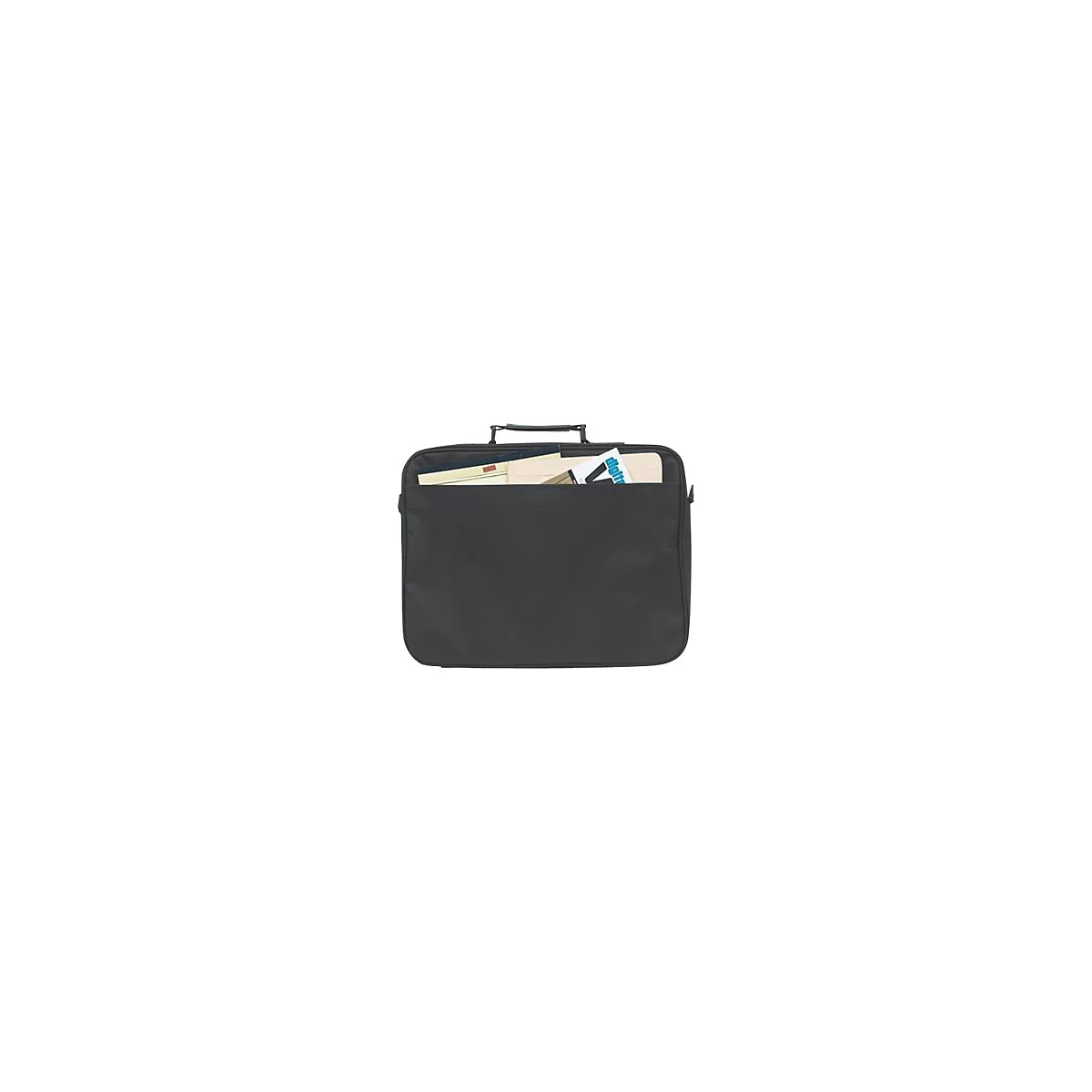 Schwarze Laptoptasche mit Tragegriff und Einschubfach für Unterlagen vor neutralem Hintergrund.