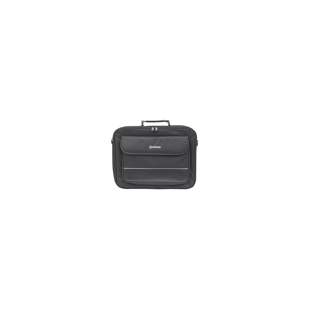 Schwarze Laptoptasche von Manhattan mit Tragegriff und Fronttasche vor weißem Hintergrund.
