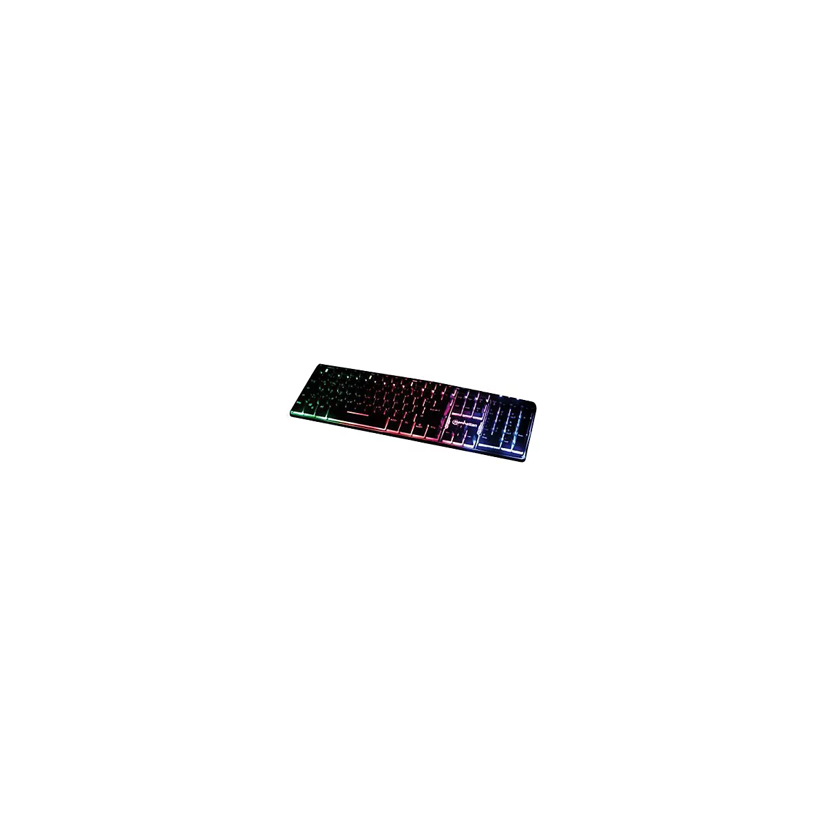 Schwarze Manhattan Tastatur mit bunter RGB-Beleuchtung in einer Studioaufnahme vor weißem Hintergrund.