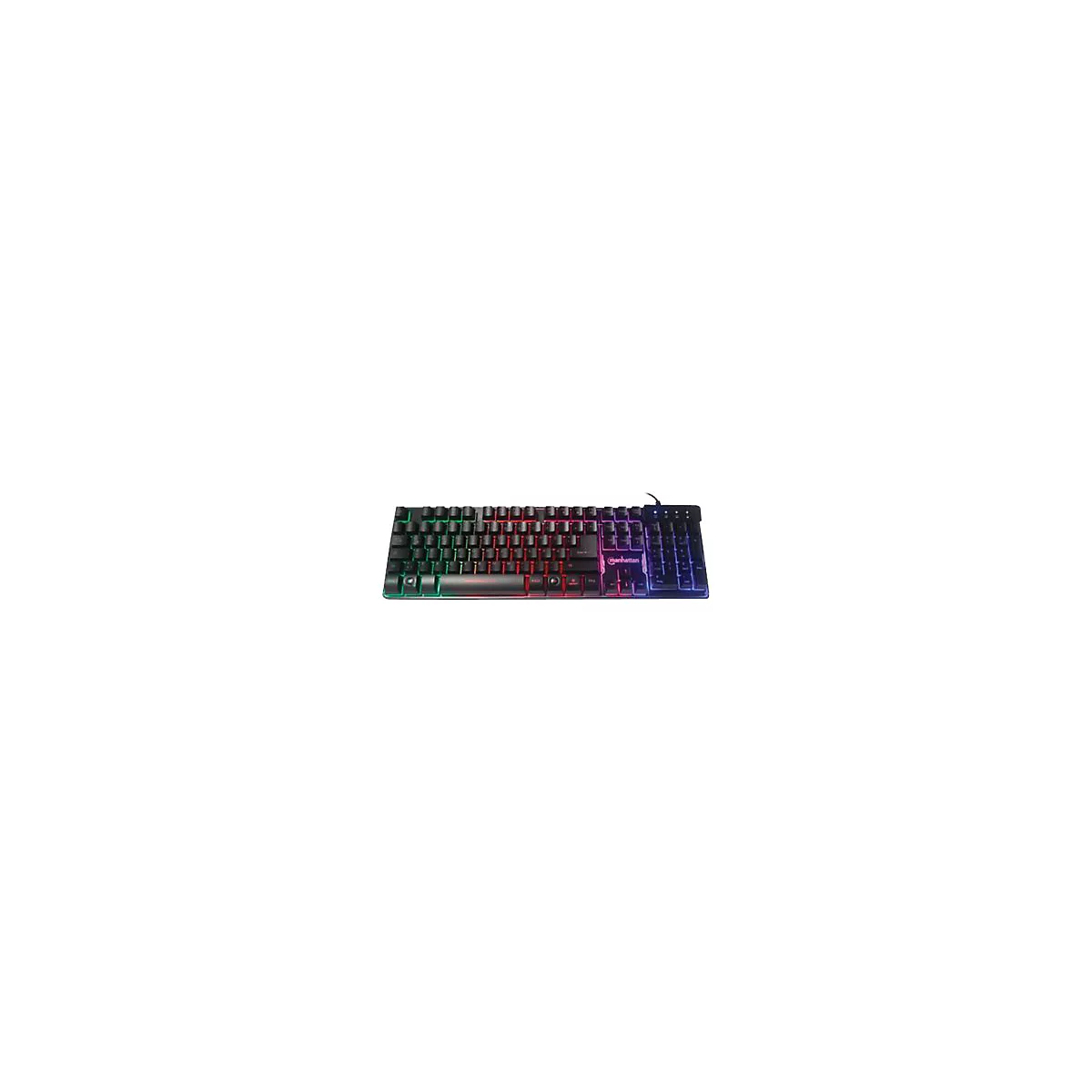 Schwarze Gaming-Tastatur mit bunter RGB-Hintergrundbeleuchtung vor neutralem Hintergrund.