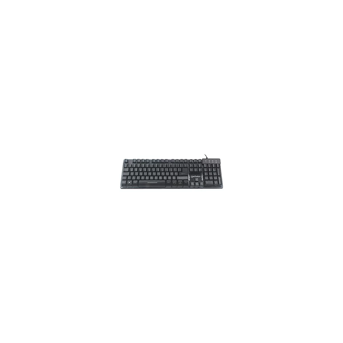 Schwarze Manhattan Tastatur mit Ziffernblock vor neutralem Hintergrund.