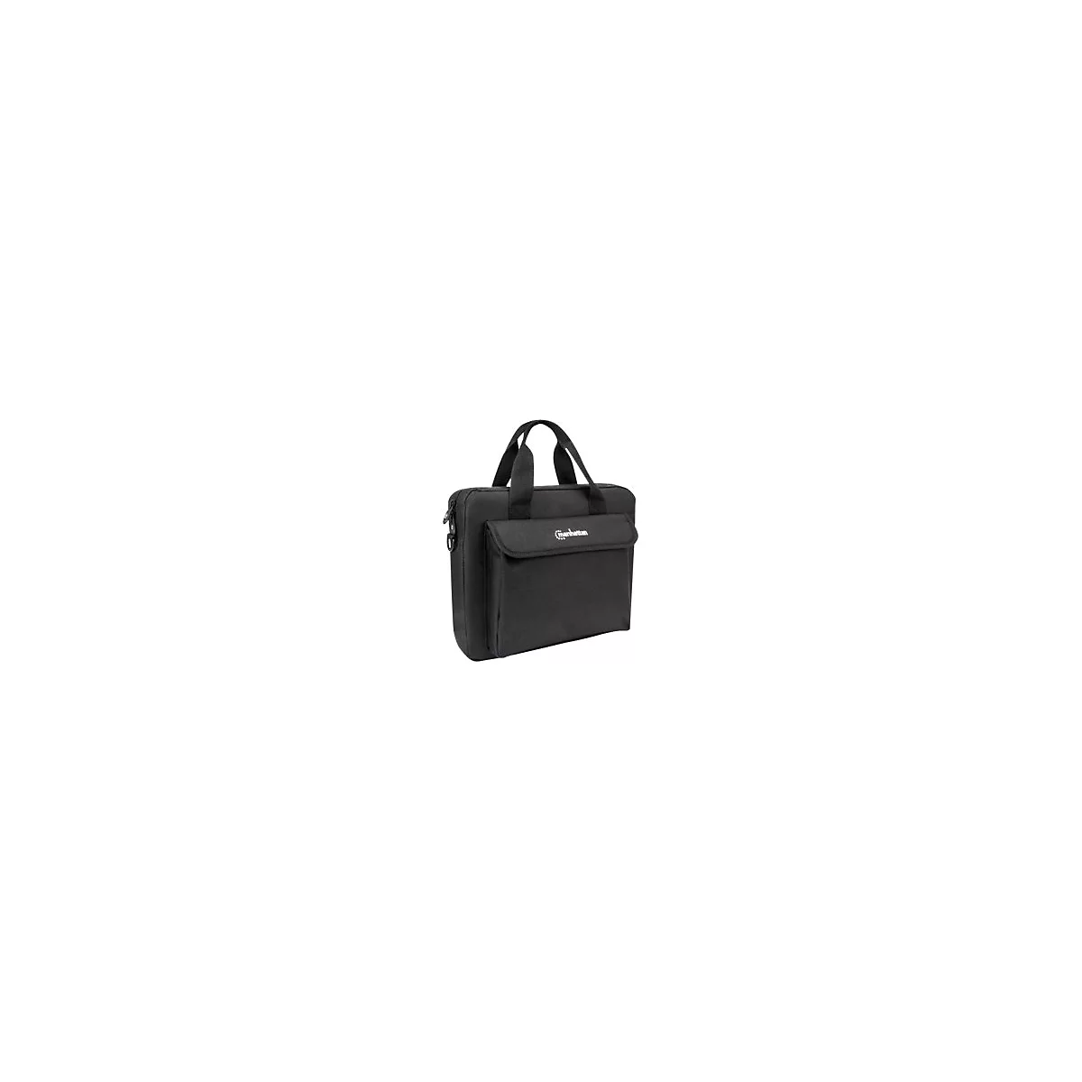 Schwarze Laptoptasche mit Tragegriffen und Reißverschluss sowie Manhattan-Logo auf der Fronttasche.