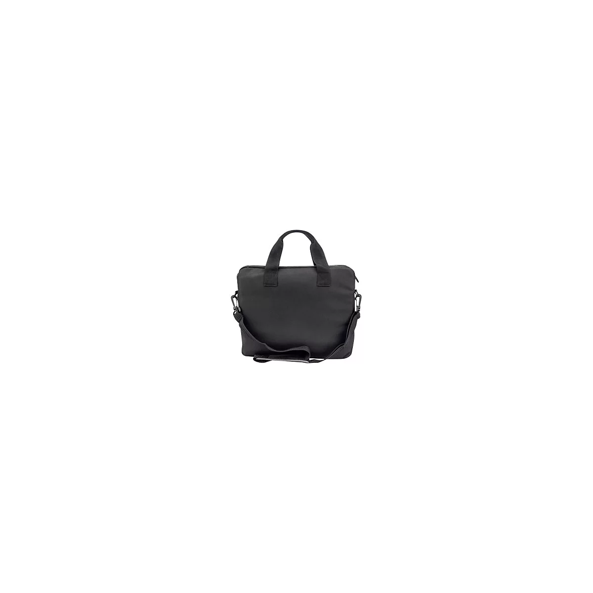 Schwarze Laptoptasche mit Tragegriffen und abnehmbarem Schultergurt vor weißem Hintergrund.