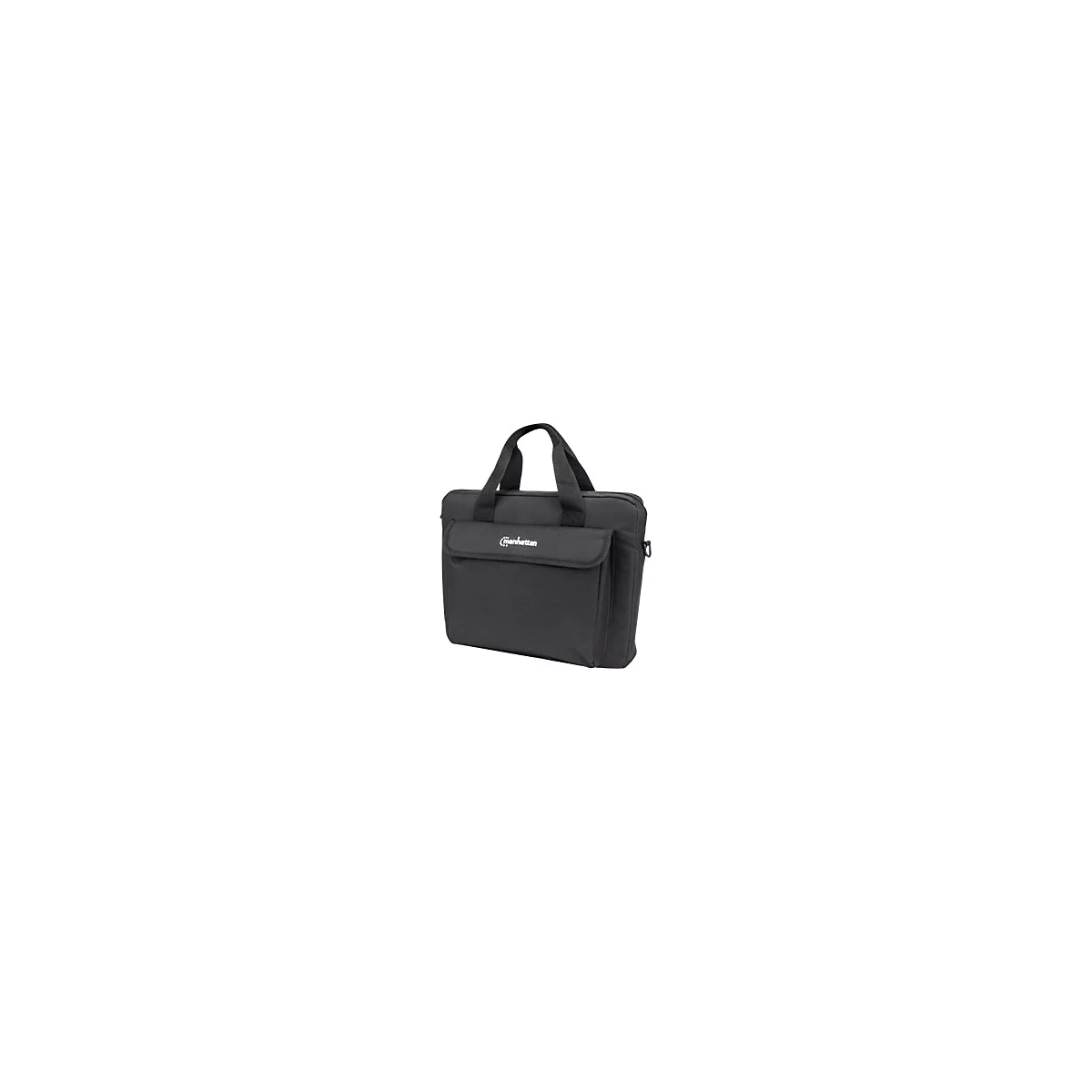 Schwarze Laptoptasche mit Tragegriffen und Manhattan-Logo auf der Fronttasche vor weißem Hintergrund.