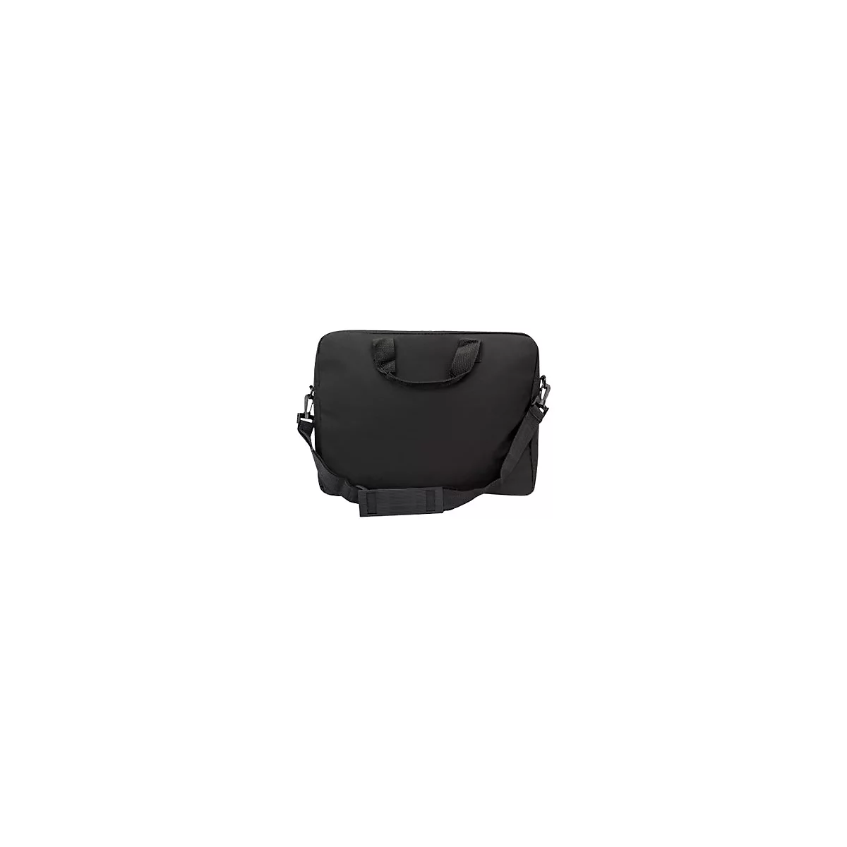 Schwarze Laptoptasche mit Tragegriffen und verstellbarem Schultergurt vor weißem Hintergrund.