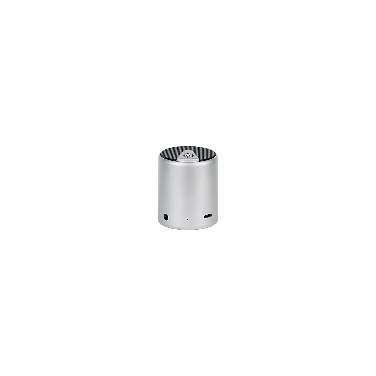 Silberner, zylinderförmiger Bluetooth-Lautsprecher mit schwarzem Gitter oben und Anschlüssen an der Seite.