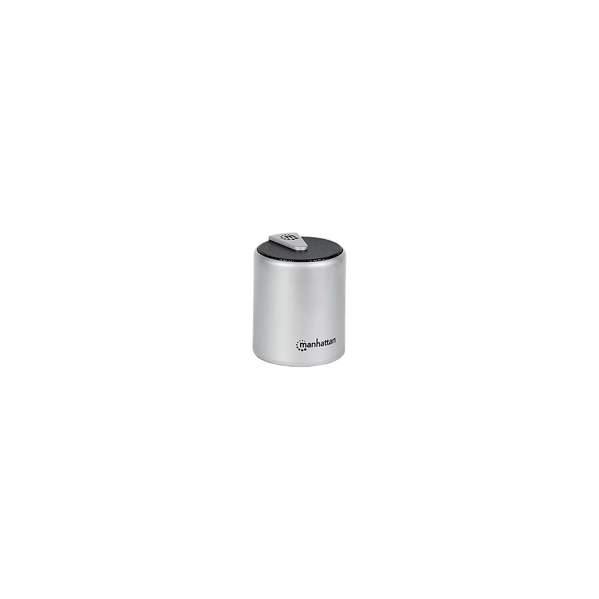Silberner, zylinderförmiger Manhattan Bluetooth-Lautsprecher vor weißem Hintergrund.