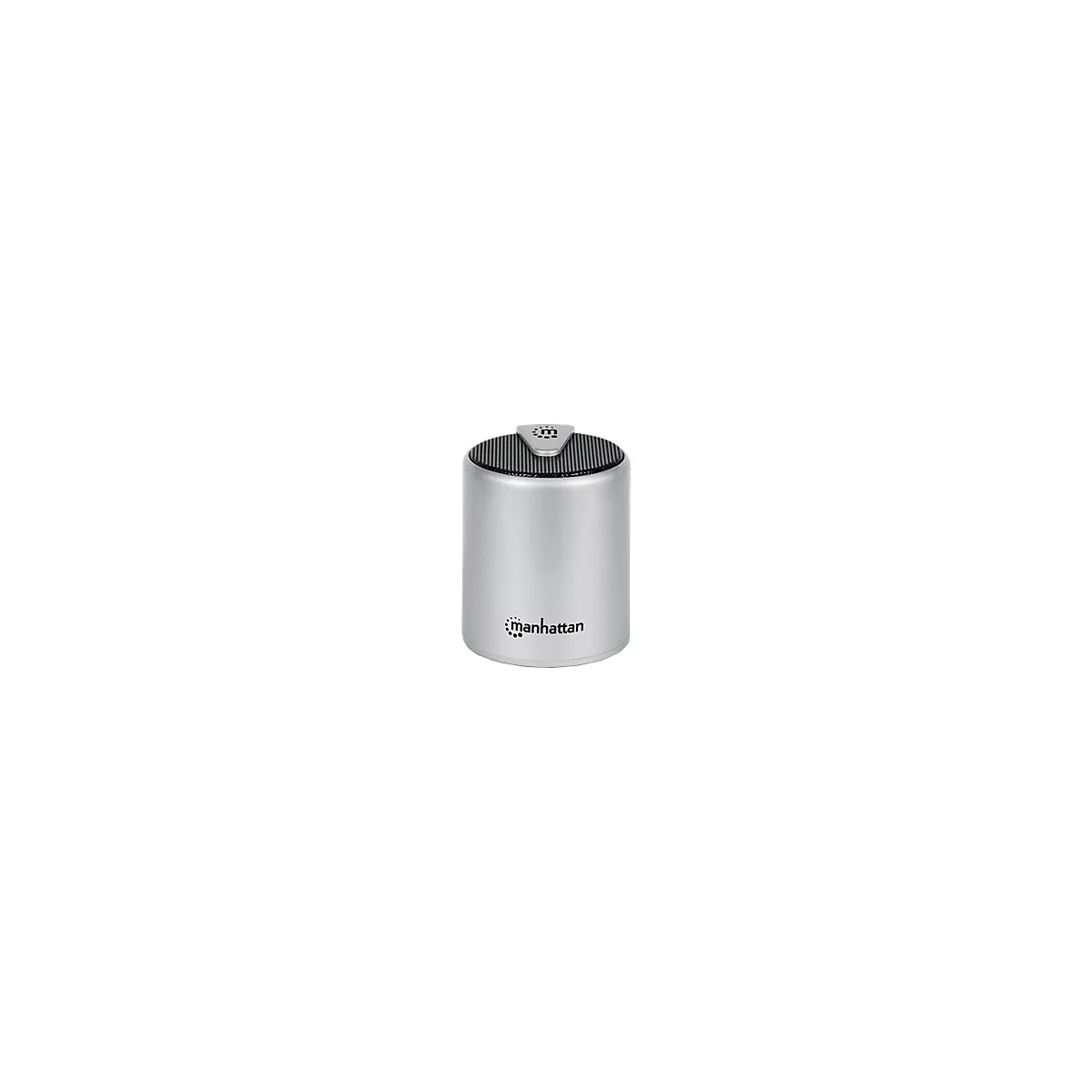 Kleiner, zylindrischer Bluetooth-Lautsprecher in Silber mit schwarzer Oberseite und Manhattan-Logo.