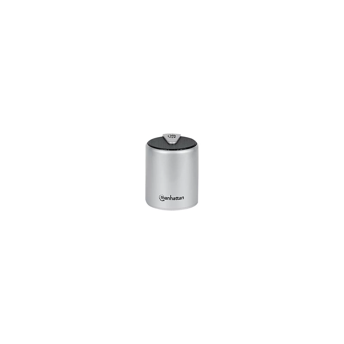 Zylinderförmiger silberner Bluetooth-Lautsprecher der Marke Manhattan auf weißem Hintergrund.