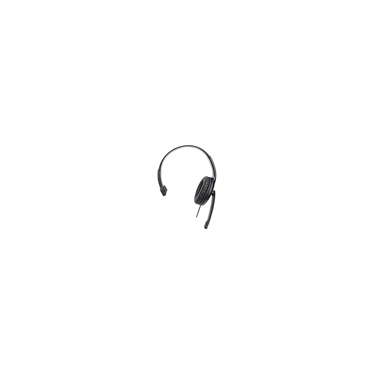 Schwarzes einseitiges Headset mit weichem Ohrpolster und verstellbarem Mikrofonarm vor weißem Hintergrund.