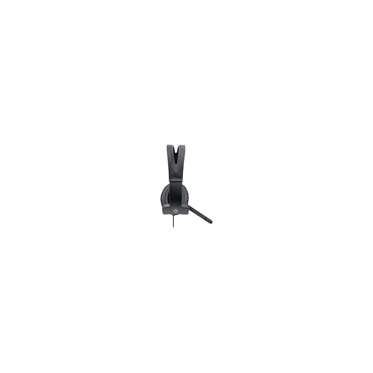 Schwarzes Headset in Seitenansicht mit gepolstertem Bügel und Mikrofonarm vor weißem Hintergrund.