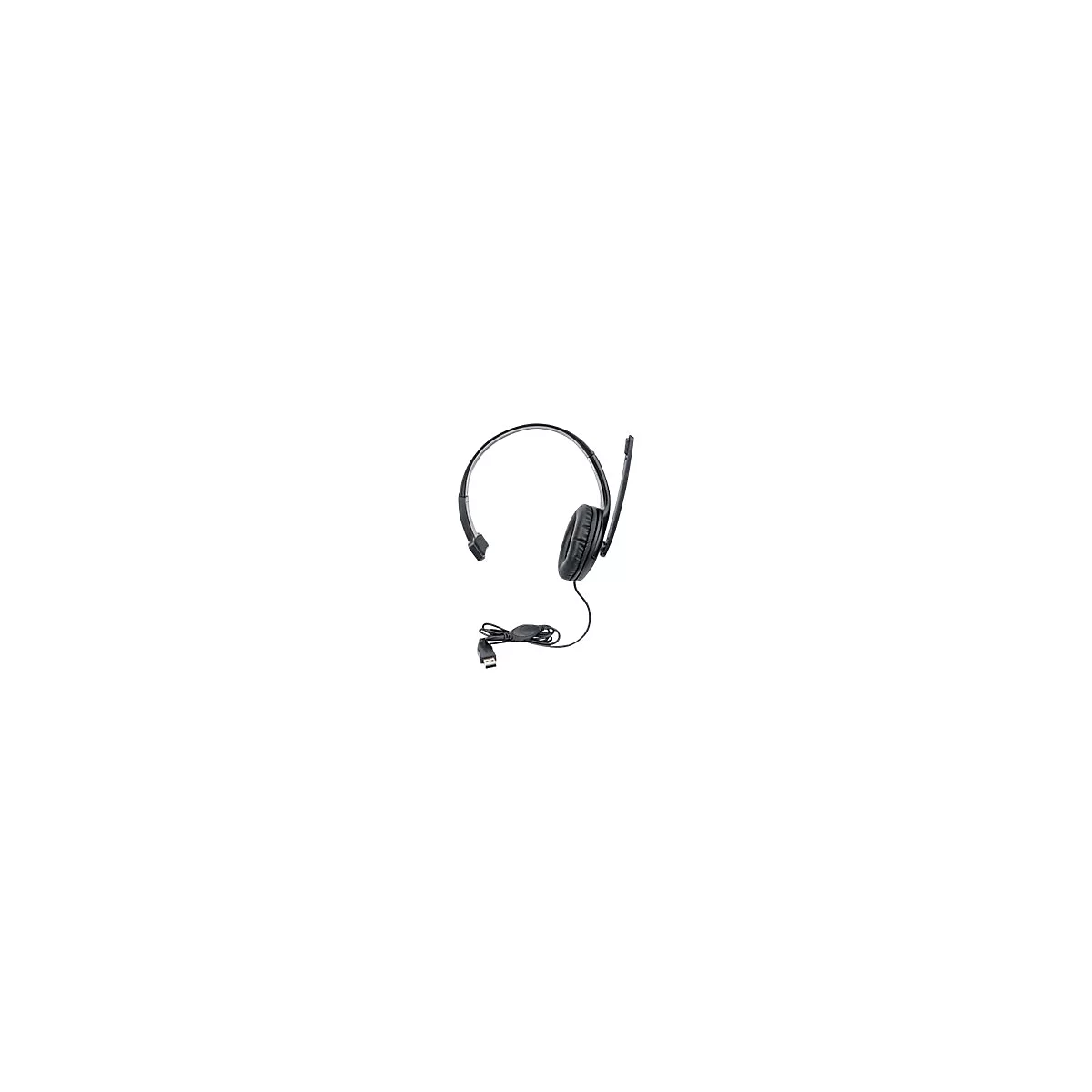 Schwarzes On-Ear-Headset mit verstellbarem Mikrofonarm und USB-Anschluss vor weißem Hintergrund.