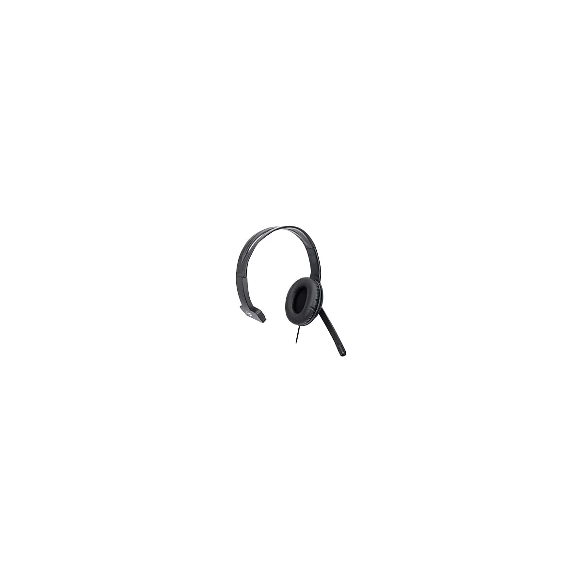 Schwarzes einseitiges Headset mit gepolsterter Ohrmuschel und verstellbarem Mikrofonarm vor weißem Hintergrund.