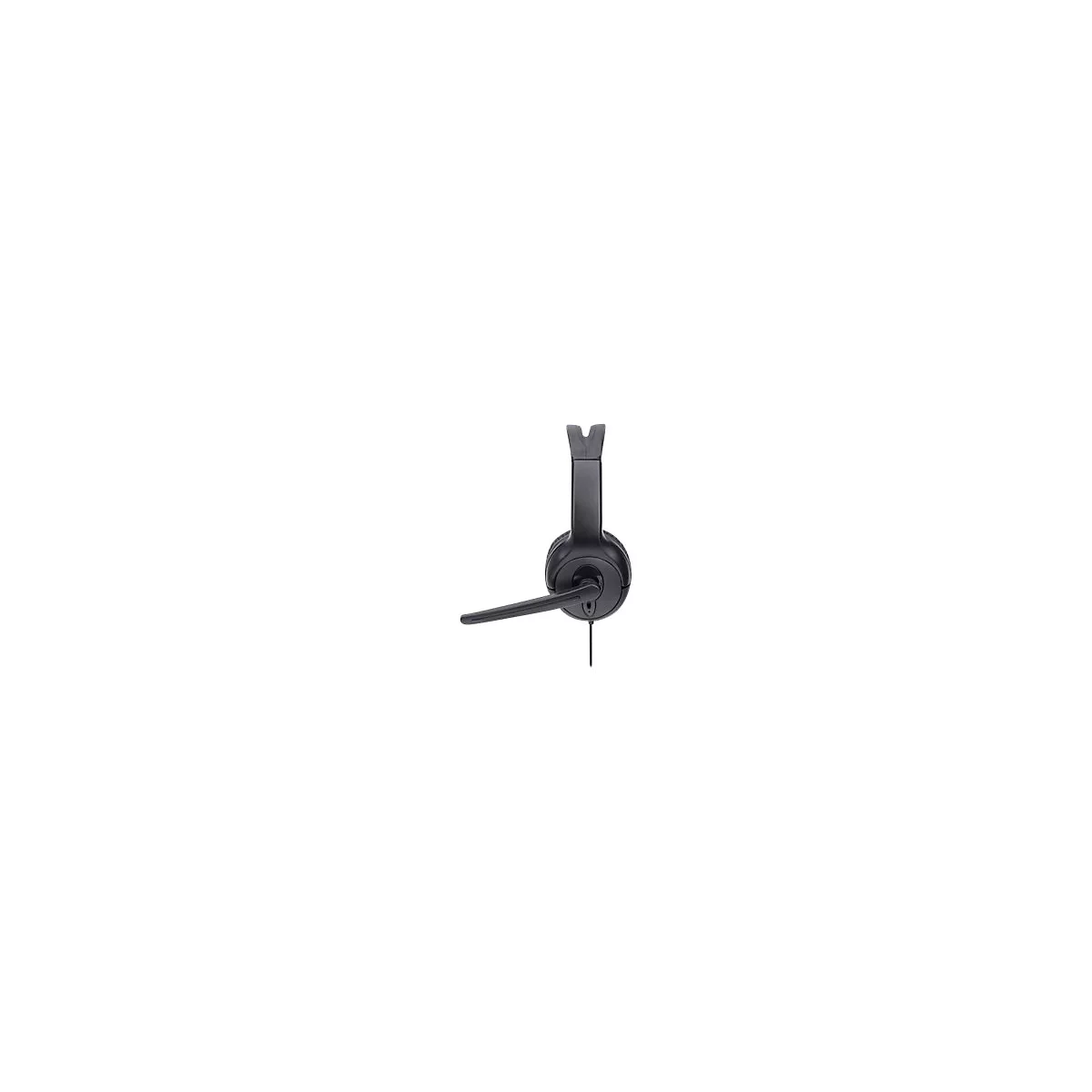 Schwarzes On-Ear-Headset mit verstellbarem Mikrofonarm, Seitenansicht vor weißem Hintergrund.