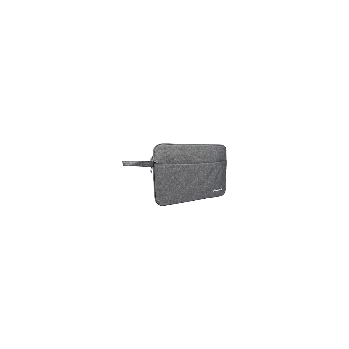 Graue Laptoptasche aus Textil mit Reißverschluss und seitlicher Trageschlaufe auf weißem Hintergrund.
