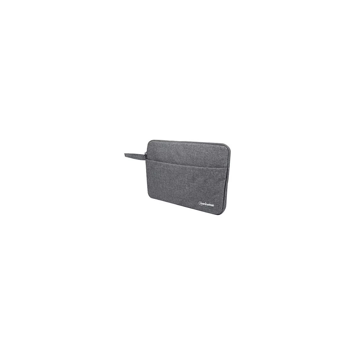 Graue Laptoptasche mit Reißverschluss und Manhattan-Logo auf weißem Hintergrund.
